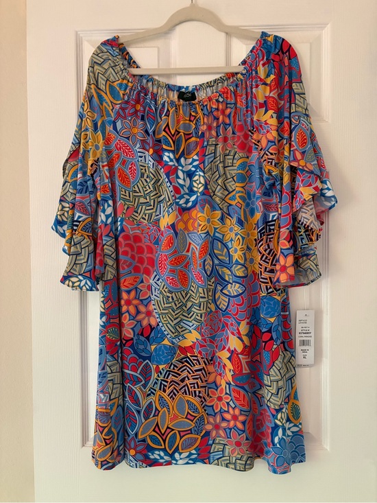 MSK Dresses & Skirts - MSK Bright Multicolor Floral Off-Shoulder Mini Dress - Blue/Red/Yellow